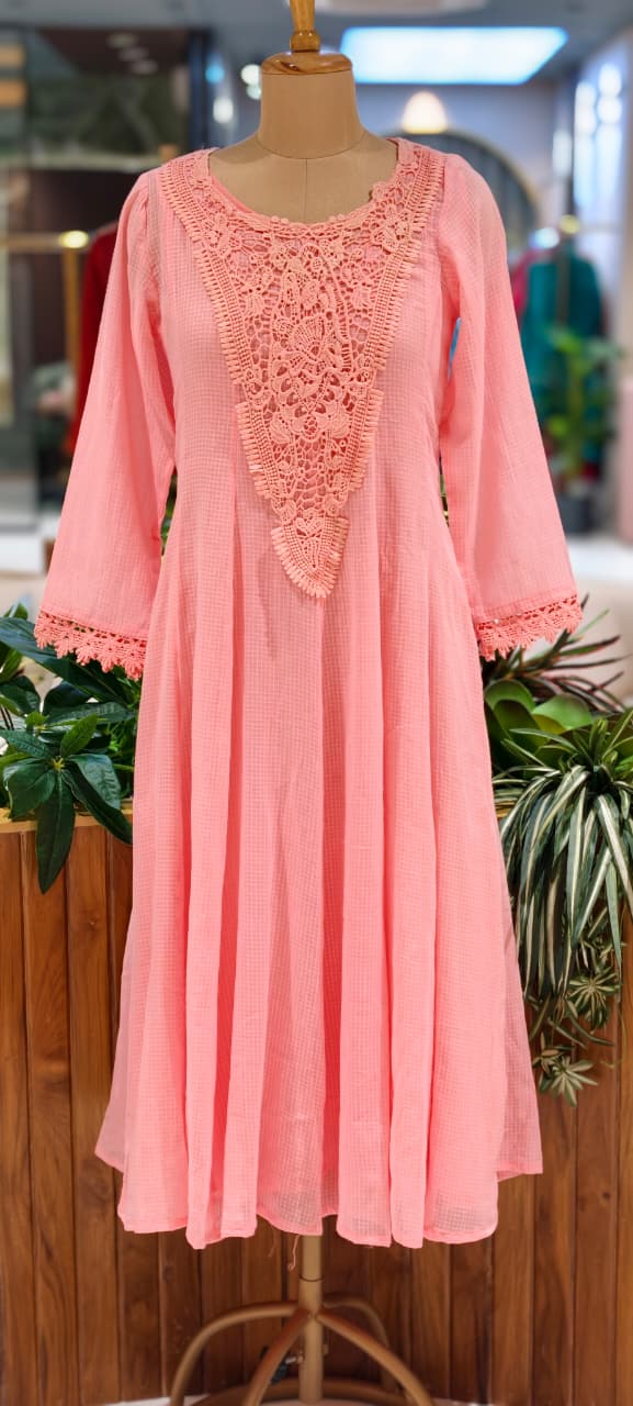 Graceful Checks Cotton Flared Gown with Lace Neck Detailing Soft Pastel Summer Collection 13984 RB04