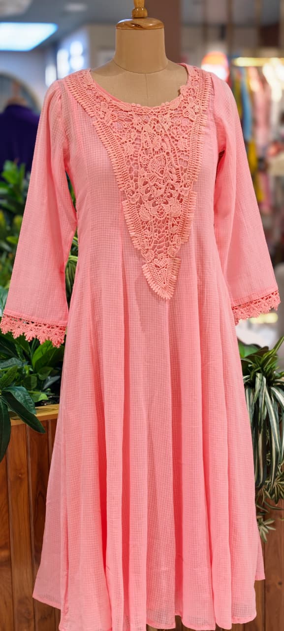 Graceful Checks Cotton Flared Gown with Lace Neck Detailing Soft Pastel Summer Collection 13984 RB04