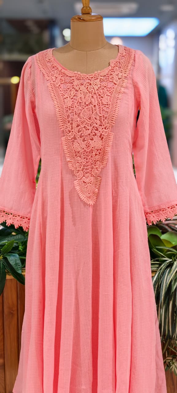 Graceful Checks Cotton Flared Gown with Lace Neck Detailing Soft Pastel Summer Collection 13984 RB04