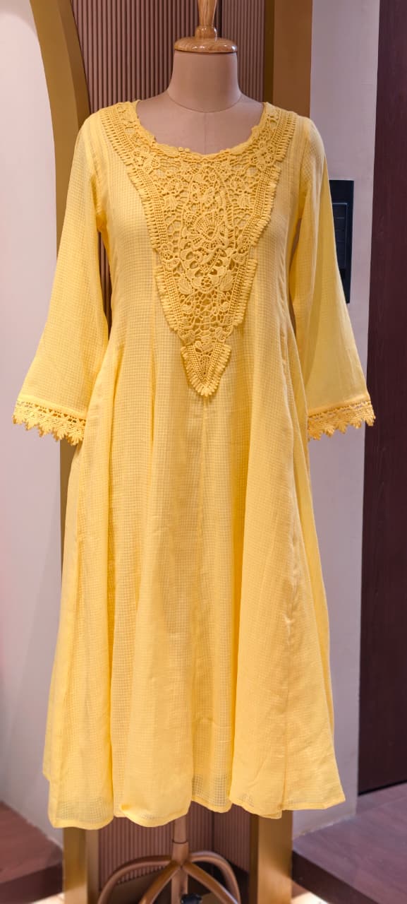 Graceful Checks Cotton Flared Gown with Lace Neck Detailing Soft Pastel Summer Collection 13984 RB04