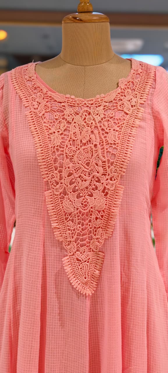 Graceful Checks Cotton Flared Gown with Lace Neck Detailing Soft Pastel Summer Collection 13984 RB04