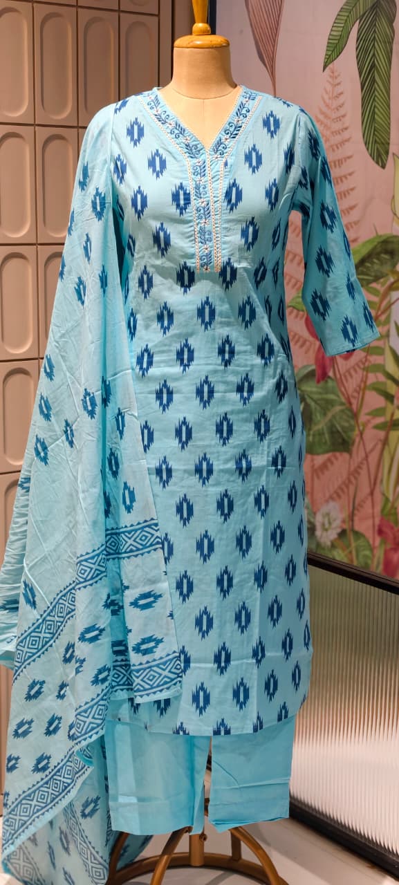 Soft Breathable Ethnic Suit with Ikat Inspired Motifs for Summer Special Cotton Full Suit Set 13965-RB15