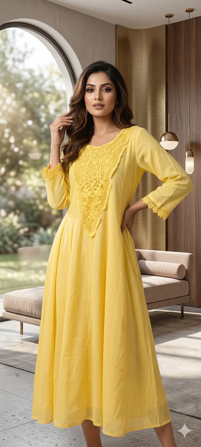 Graceful Checks Cotton Flared Gown with Lace Neck Detailing Soft Pastel Summer Collection 13984 RB04