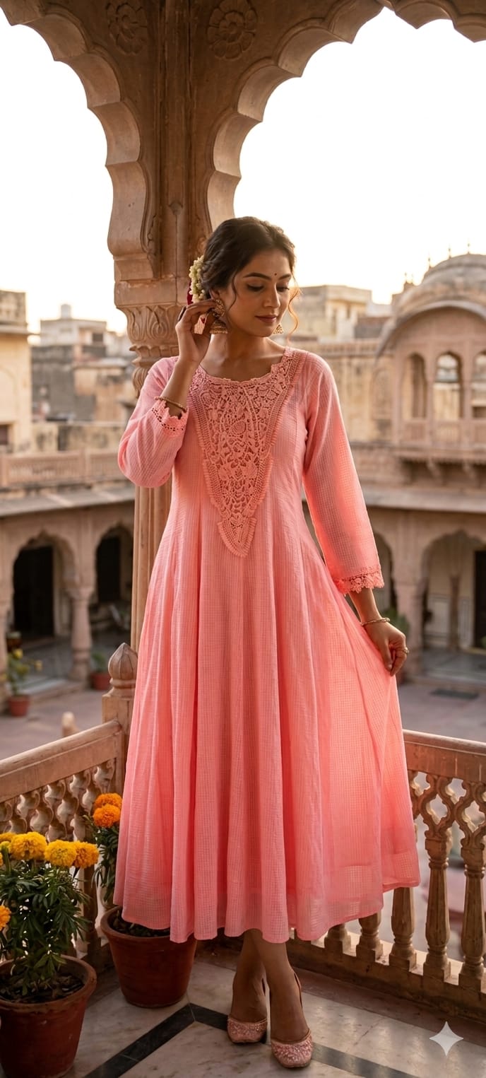 Graceful Checks Cotton Flared Gown with Lace Neck Detailing Soft Pastel Summer Collection 13984 RB04