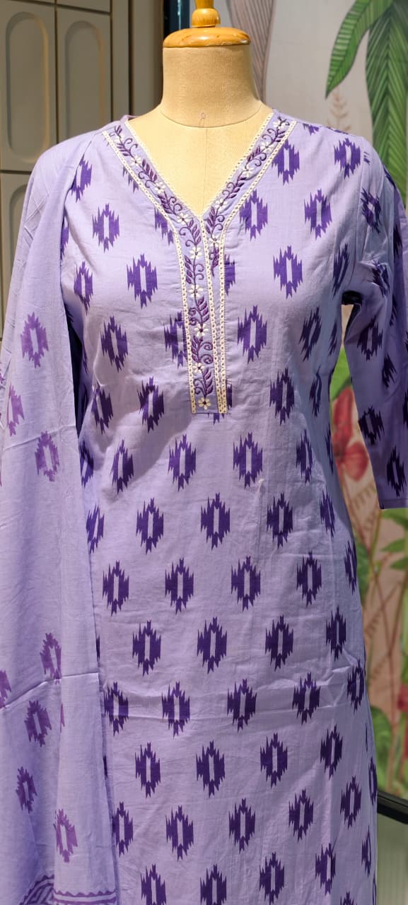 Soft Breathable Ethnic Suit with Ikat Inspired Motifs for Summer Special Cotton Full Suit Set 13965-RB15