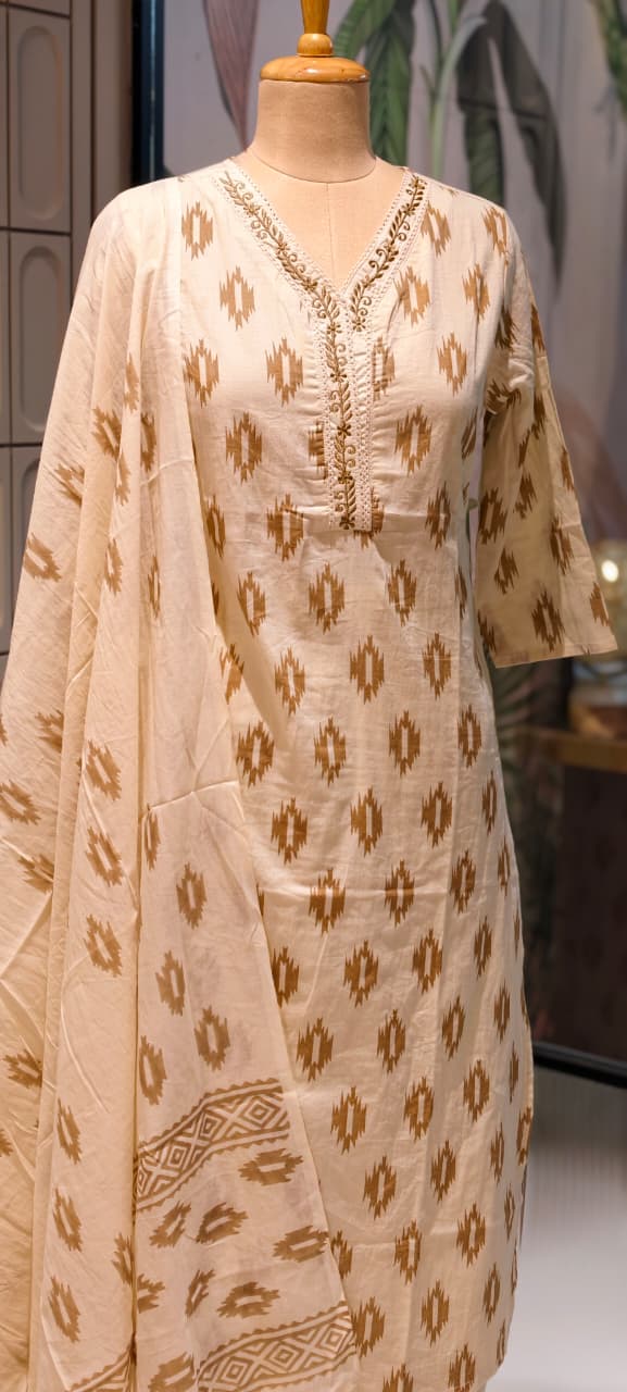 Soft Breathable Ethnic Suit with Ikat Inspired Motifs for Summer Special Cotton Full Suit Set 13965-RB15