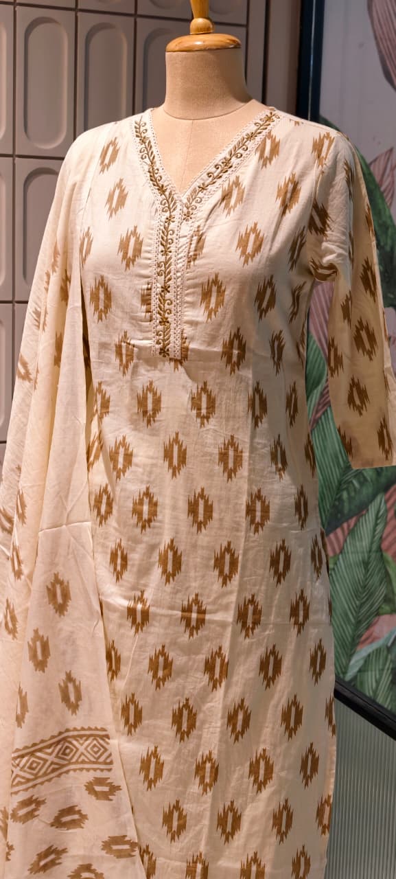 Soft Breathable Ethnic Suit with Ikat Inspired Motifs for Summer Special Cotton Full Suit Set 13965-RB15