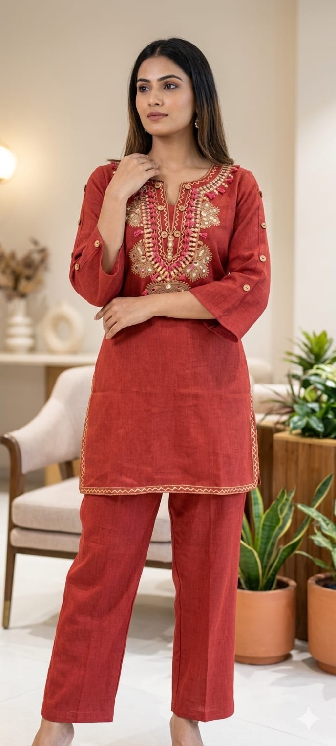 Premium Cotton Blend Ethnic Cords Set with Intricate Thread & Mirror Work-14004 RB05