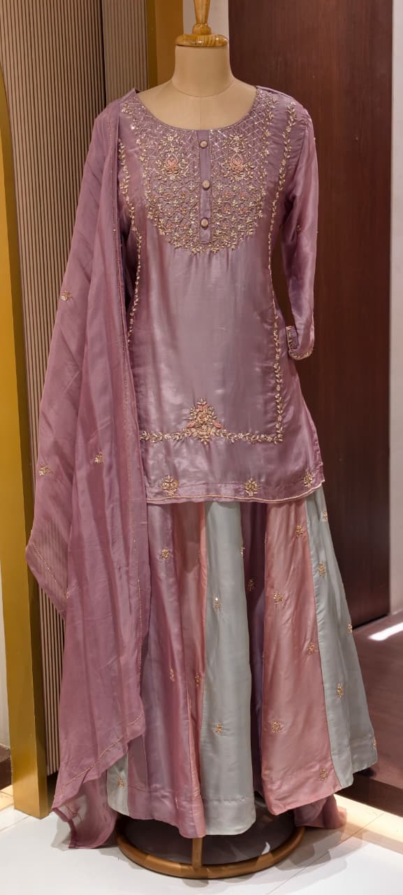 Pastel Embroidered Partywear Kurta Set with Dual-Tone Skirt & Dupatta -13740 RB28