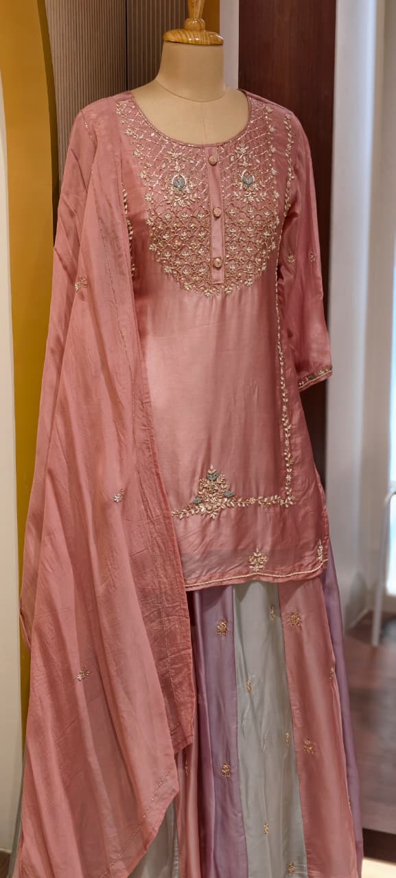 Pastel Embroidered Partywear Kurta Set with Dual-Tone Skirt & Dupatta -13740 RB28