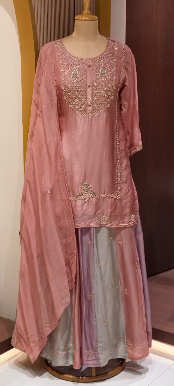 Pastel Embroidered Partywear Kurta Set with Dual-Tone Skirt & Dupatta -13740 RB28