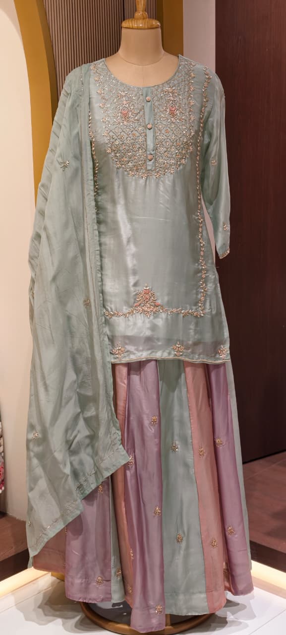 Pastel Embroidered Partywear Kurta Set with Dual-Tone Skirt & Dupatta -13740 RB28