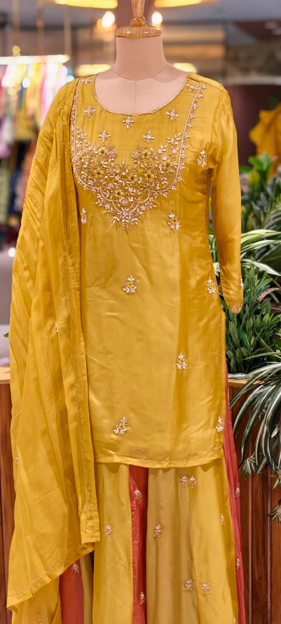 Embroidered Party Wear Kurta Set with Dual-Tone Pannel Skirt & Dupatta 13741 RB29