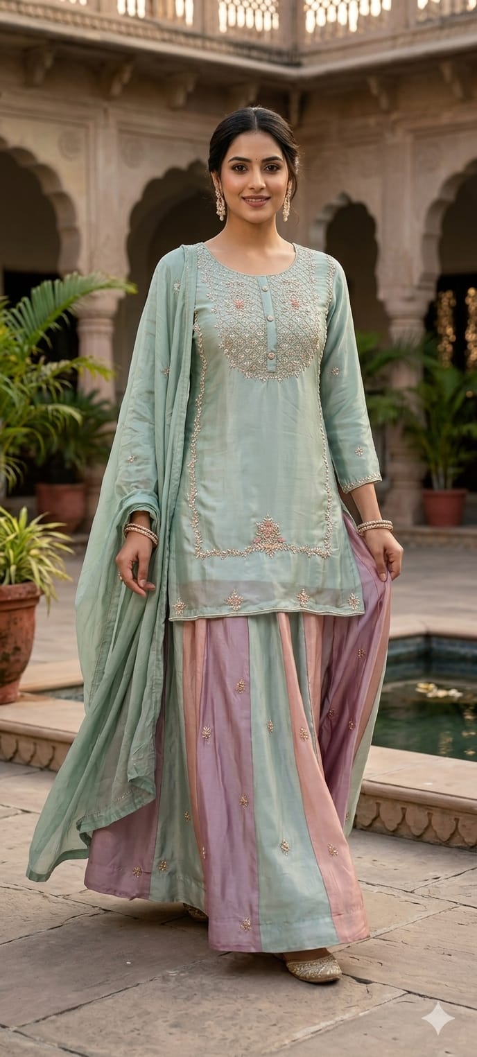 Pastel Embroidered Partywear Kurta Set with Dual-Tone Skirt & Dupatta -13740 RB28