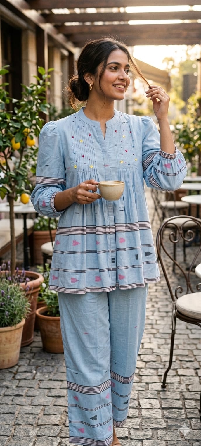 Powder Blue Mul Cotton Kurta with Pintuck Detailing & Handcrafted Motifs 14061 RB64