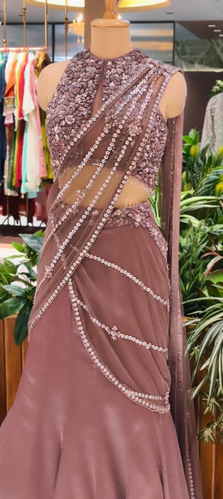 Blush Embellished Blouse Drape Netted With Ruffle Cane-Cane Skirt RB81
