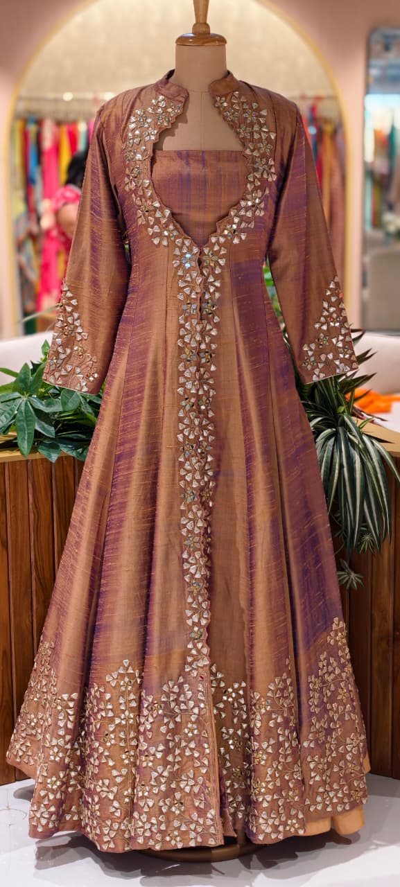 Very Classy Butter Shine Luxe Real Mirror & Gotta Hand Work Embroidery Anarkali Look Jacket With Crop Top & Skirt In Silk Fabric RB86
