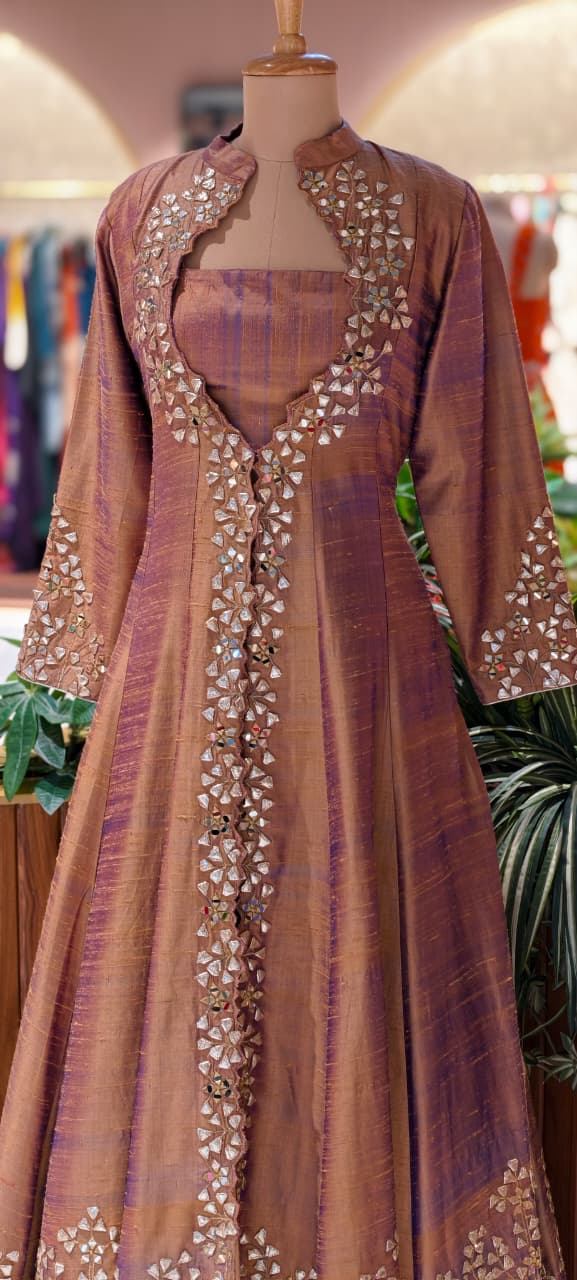 Very Classy Butter Shine Luxe Real Mirror & Gotta Hand Work Embroidery Anarkali Look Jacket With Crop Top & Skirt In Silk Fabric RB86