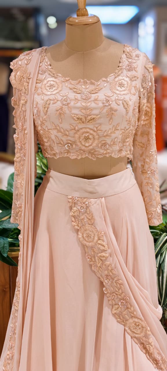 Exclusive Ruffle Lehenga Outfit with Designer Floral Embellished Blouse and Beautifully Hand Worked Drape Dress-12609 RB70