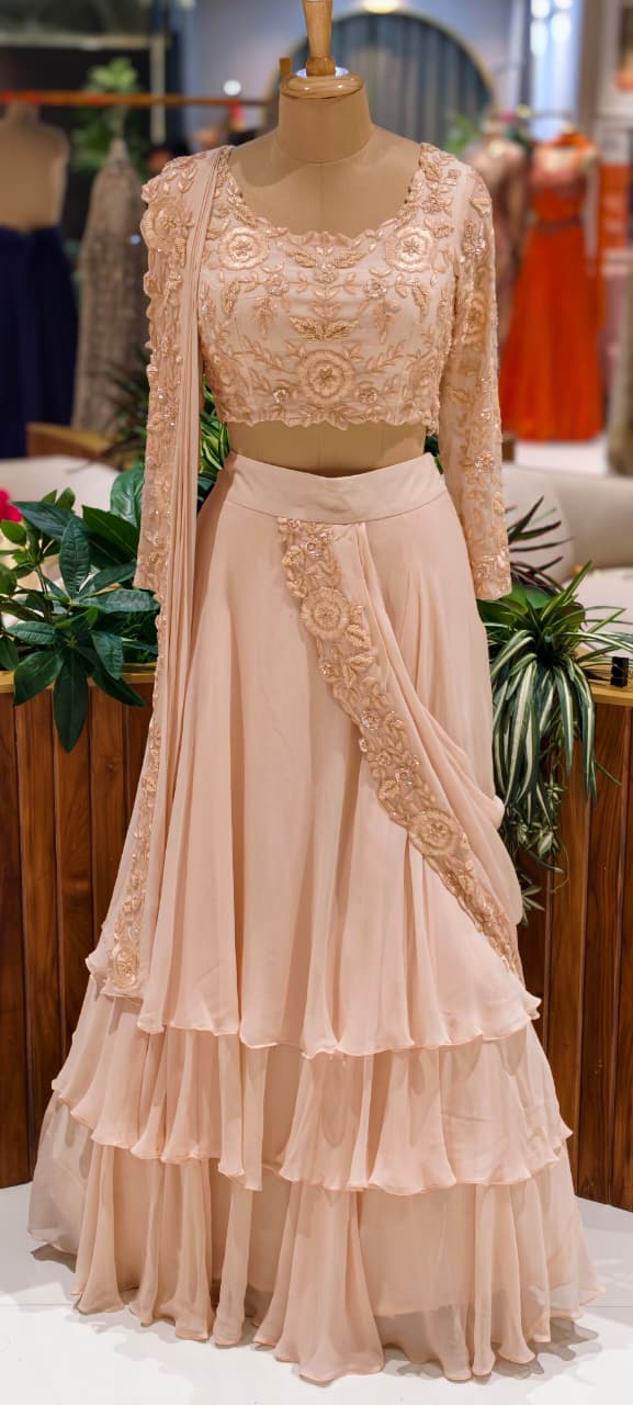 Exclusive Ruffle Lehenga Outfit with Designer Floral Embellished Blouse and Beautifully Hand Worked Drape Dress-12609 RB70