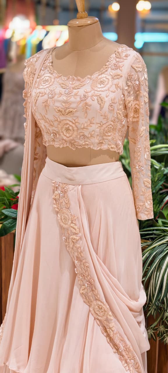 Exclusive Ruffle Lehenga Outfit with Designer Floral Embellished Blouse and Beautifully Hand Worked Drape Dress-12609 RB70