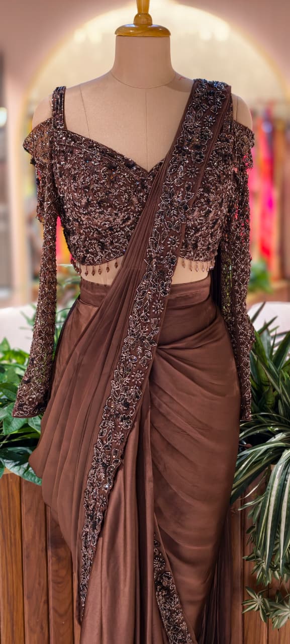 Designer Chocolate Brown Embellished Drape Saree Set with Handworked Sequin Sheer Blouse 14096 RB77
