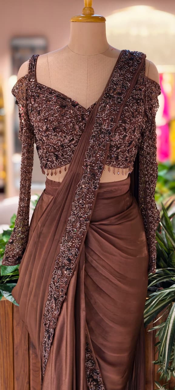 Designer Chocolate Brown Embellished Drape Saree Set with Handworked Sequin Sheer Blouse 14096 RB77