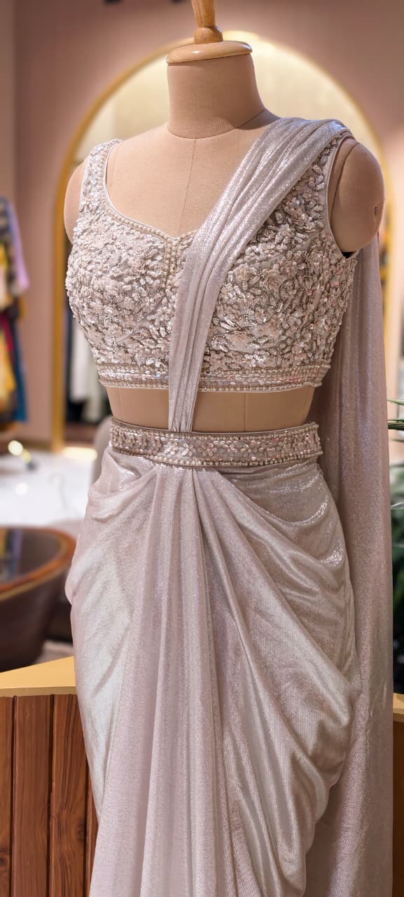 Luxury Gillter Ivory Drape Saree with Handworked Sequin Blouse & Attached Pallu 14098 RB76
