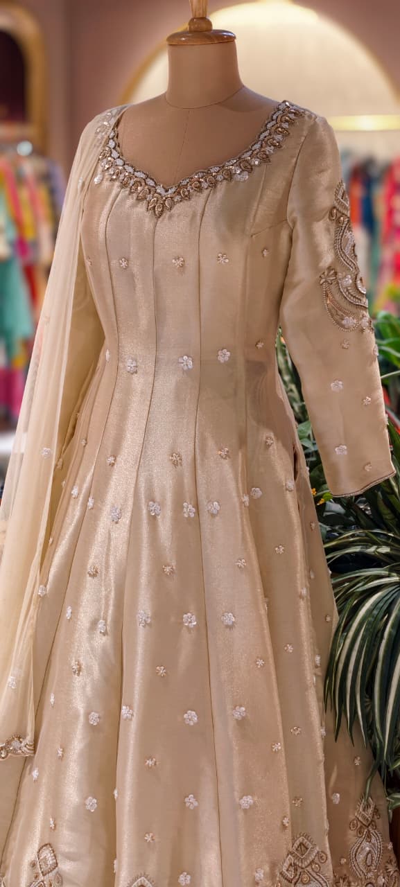 Beige Embroidered Kurta Subtle Shimmer Tissue Top Flare Skirt & Dupatta RB78