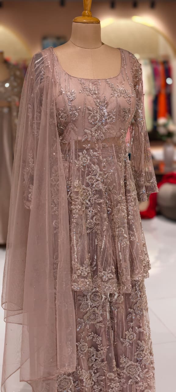 Luxury Nude Mauve Embroidered Sharara Set with Intricate Sequin Work & Dupatta 14091 RB71