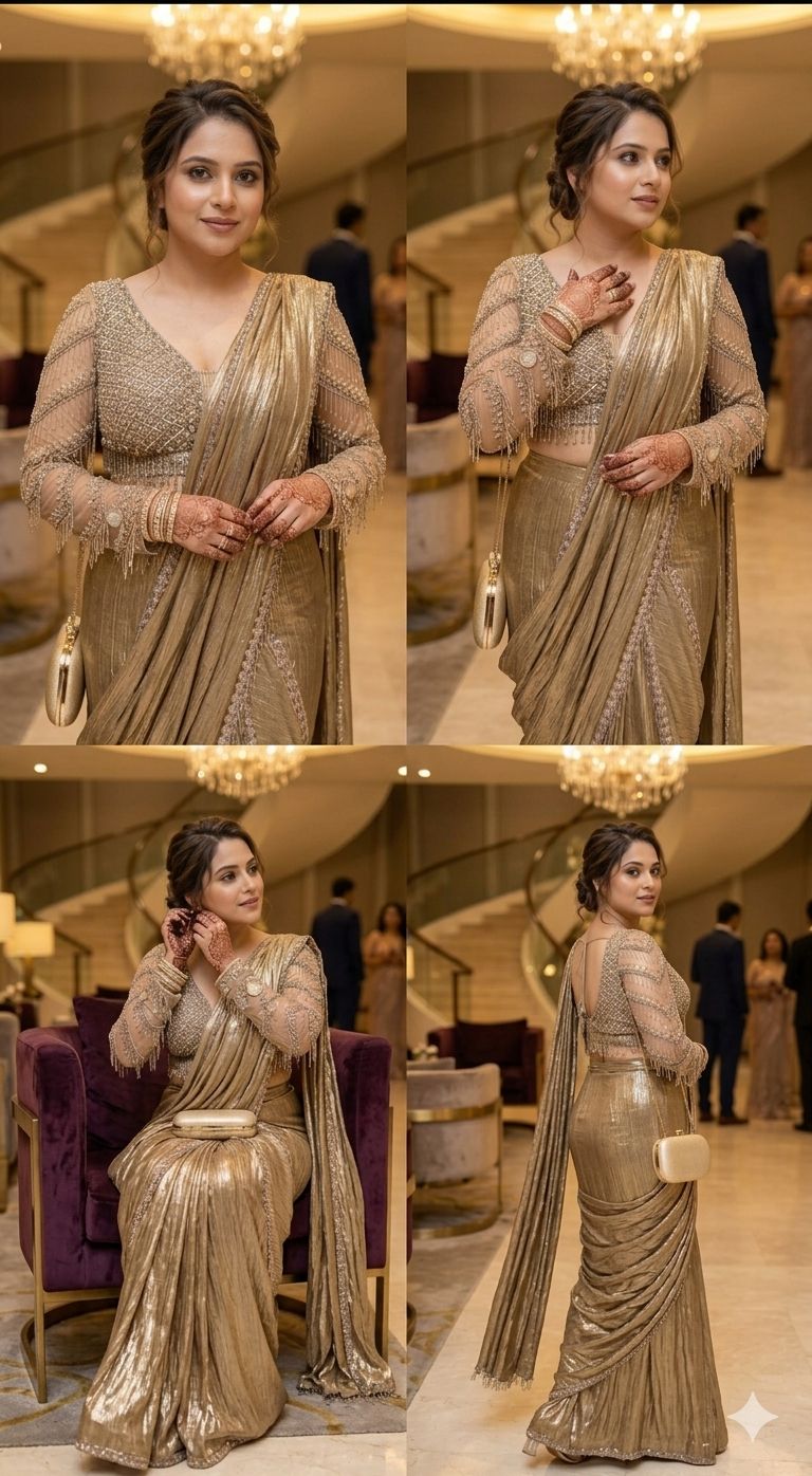 Premium Metallic Gold Pre-Draped Saree with Intricate Crystal, Sequin & Cut Dana Blouse and Coordinated Embellished Drape Pallu DRYWASH-12611 RB87