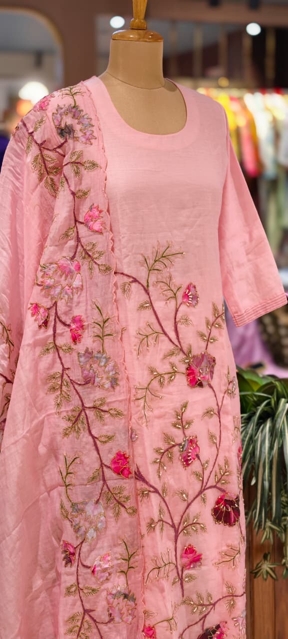 Elegant Soft Mul Chanderi Straight Cut Suit Set with Intricate Floral Embroidery- 14029 RB107