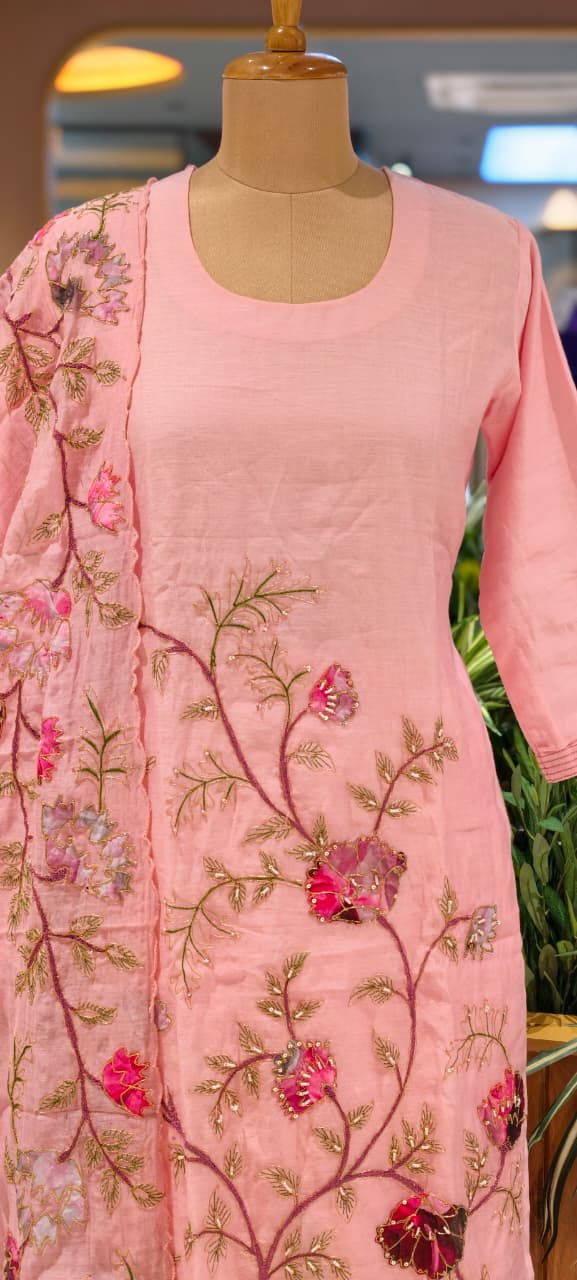 Elegant Soft Mul Chanderi Straight Cut Suit Set with Intricate Floral Embroidery- 14029 RB107