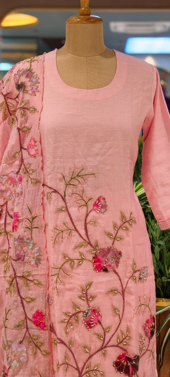 Elegant Soft Mul Chanderi Straight Cut Suit Set with Intricate Floral Embroidery- 14029 RB107