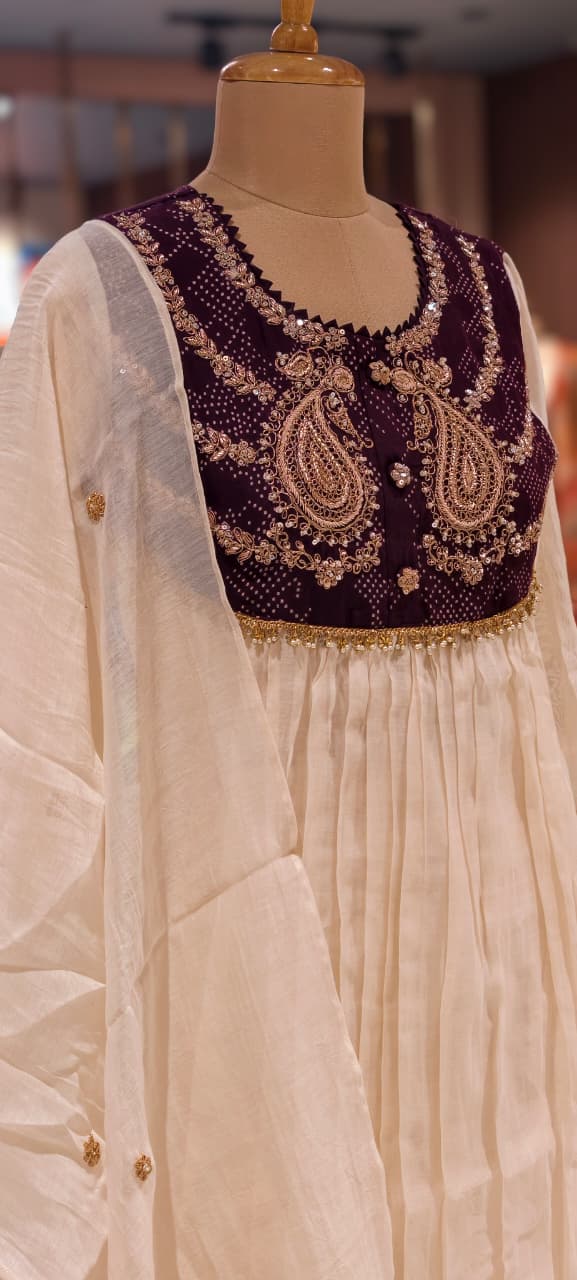 Premium Zardosi Mul Chanderi A-Line Full Suit Set with Heavy Hand-Embroidered Zari & Thread Work Yoke 14026 RB106