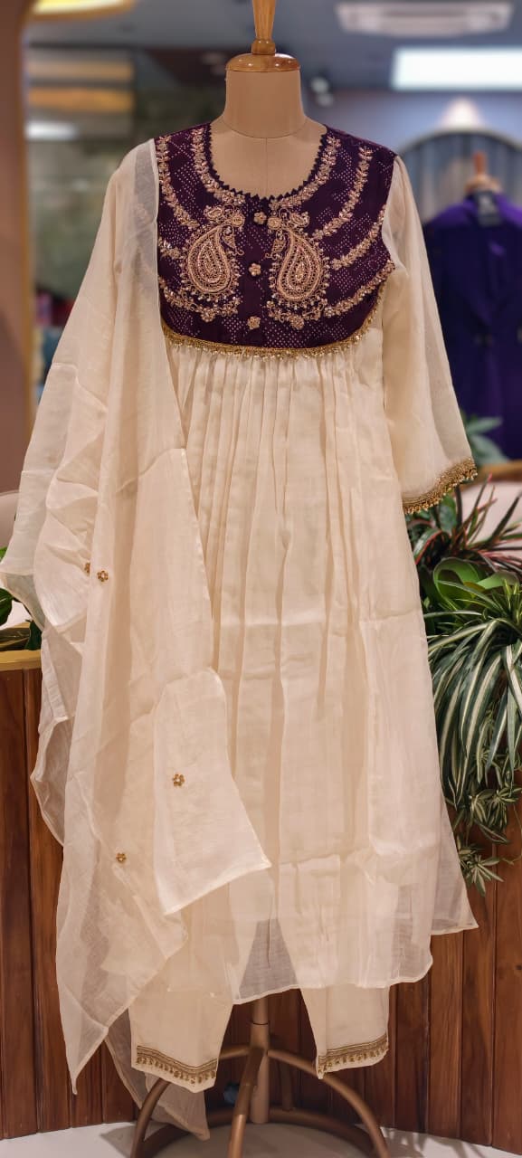 Premium Zardosi Mul Chanderi A-Line Full Suit Set with Heavy Hand-Embroidered Zari & Thread Work Yoke 14026 RB106