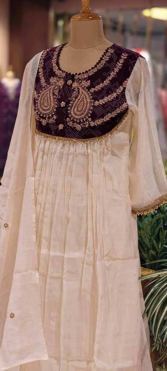 Premium Zardosi Mul Chanderi A-Line Full Suit Set with Heavy Hand-Embroidered Zari & Thread Work Yoke 14026 RB106