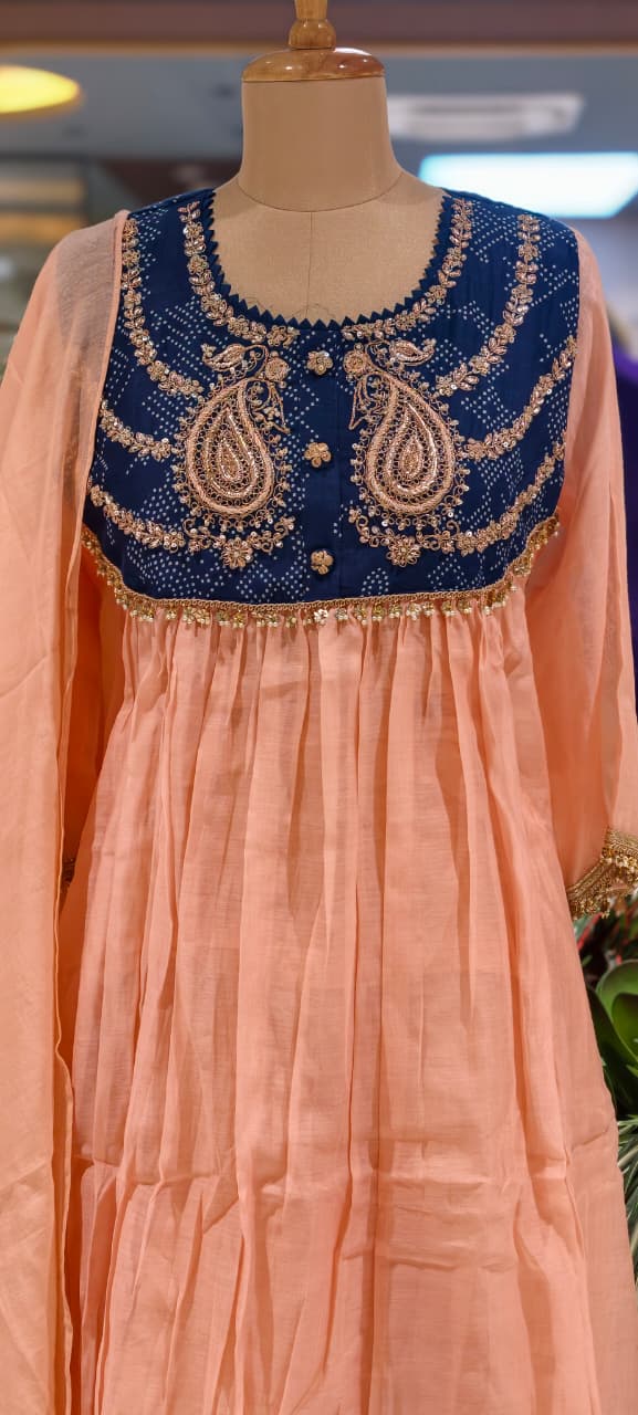 Premium Zardosi Mul Chanderi A-Line Full Suit Set with Heavy Hand-Embroidered Zari & Thread Work Yoke 14026 RB106