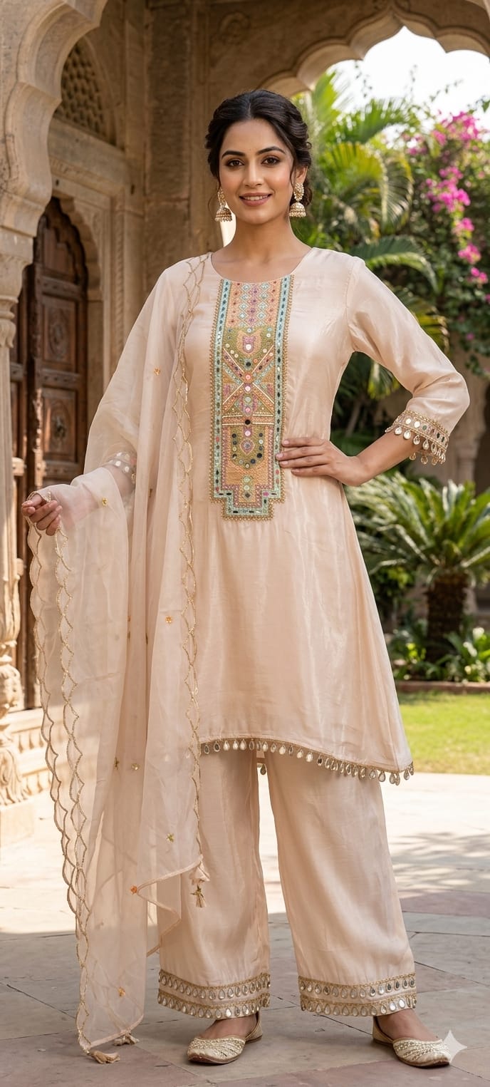 Royal Multicolor Yoke With Real Mirror Touch A-Line Full Suit Set With Dupatta In HO Silk Fabric- 14074