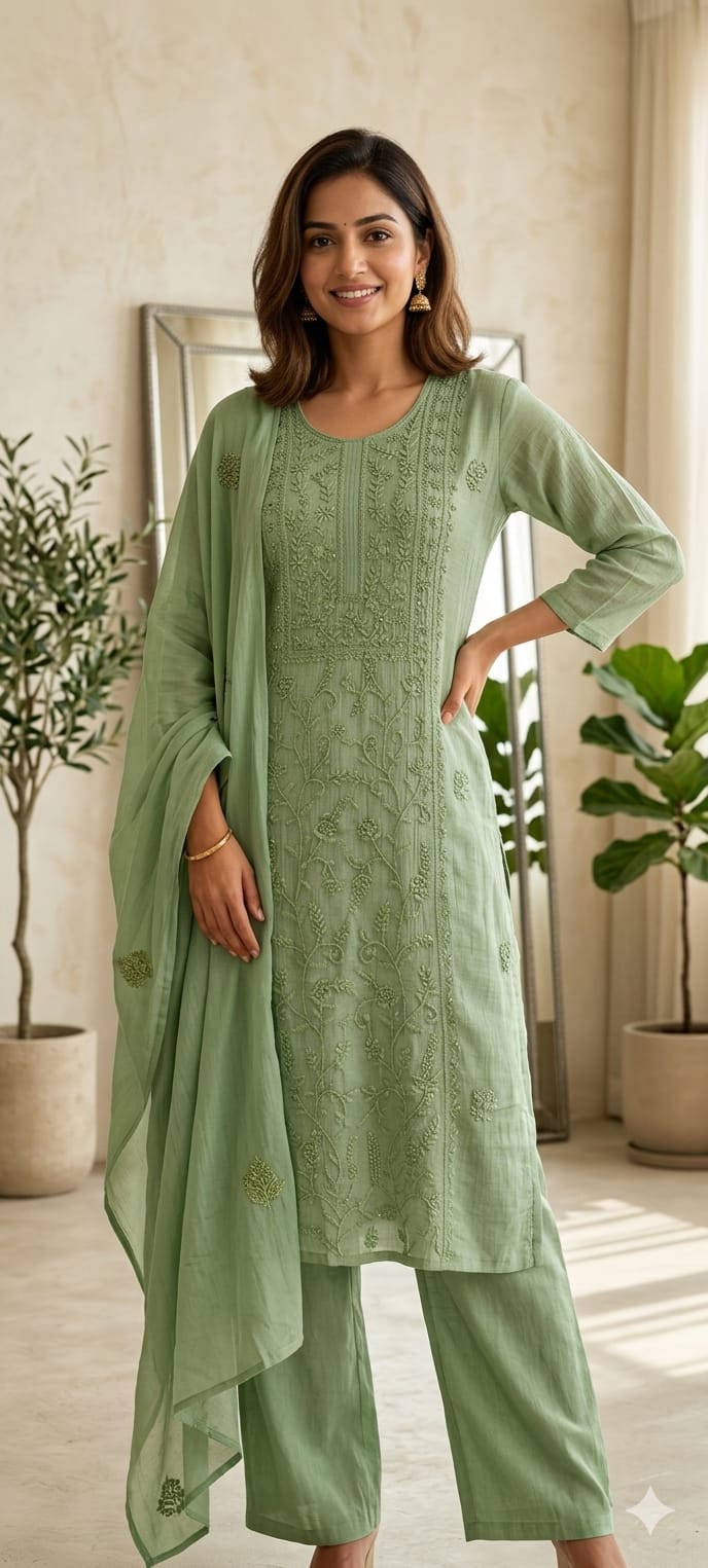Premium Crush Mul Chanderi Fabric Straight Cut Full Suit Set with Intricate Self Thread Embroidery 14084 RB96