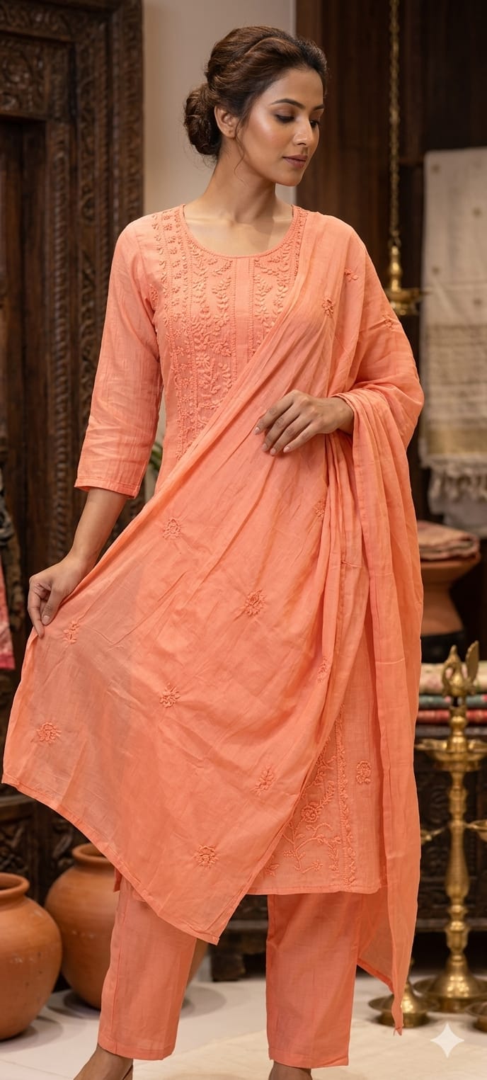 Premium Crush Mul Chanderi Fabric Straight Cut Full Suit Set with Intricate Self Thread Embroidery 14084 RB96