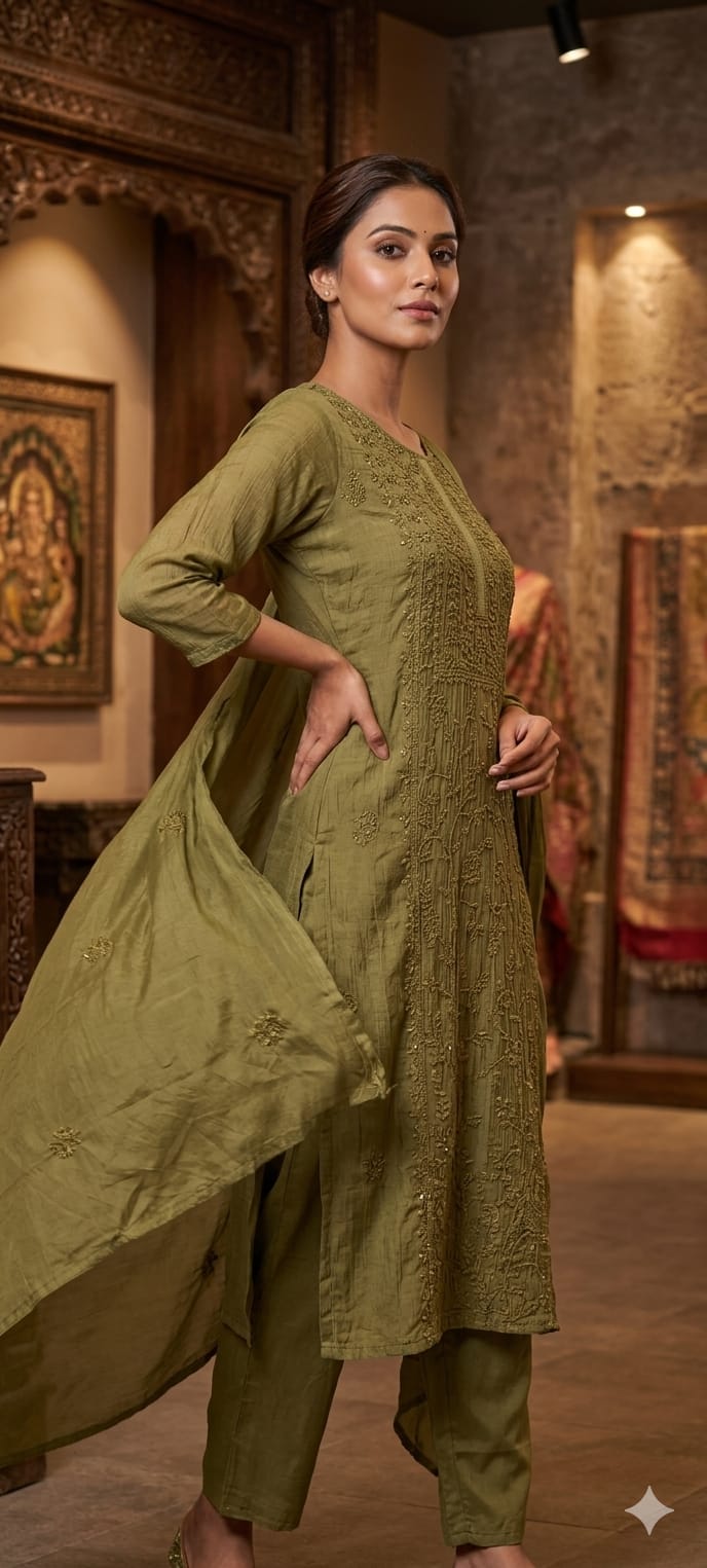 Premium Crush Mul Chanderi Fabric Straight Cut Full Suit Set with Intricate Self Thread Embroidery 14084 RB96