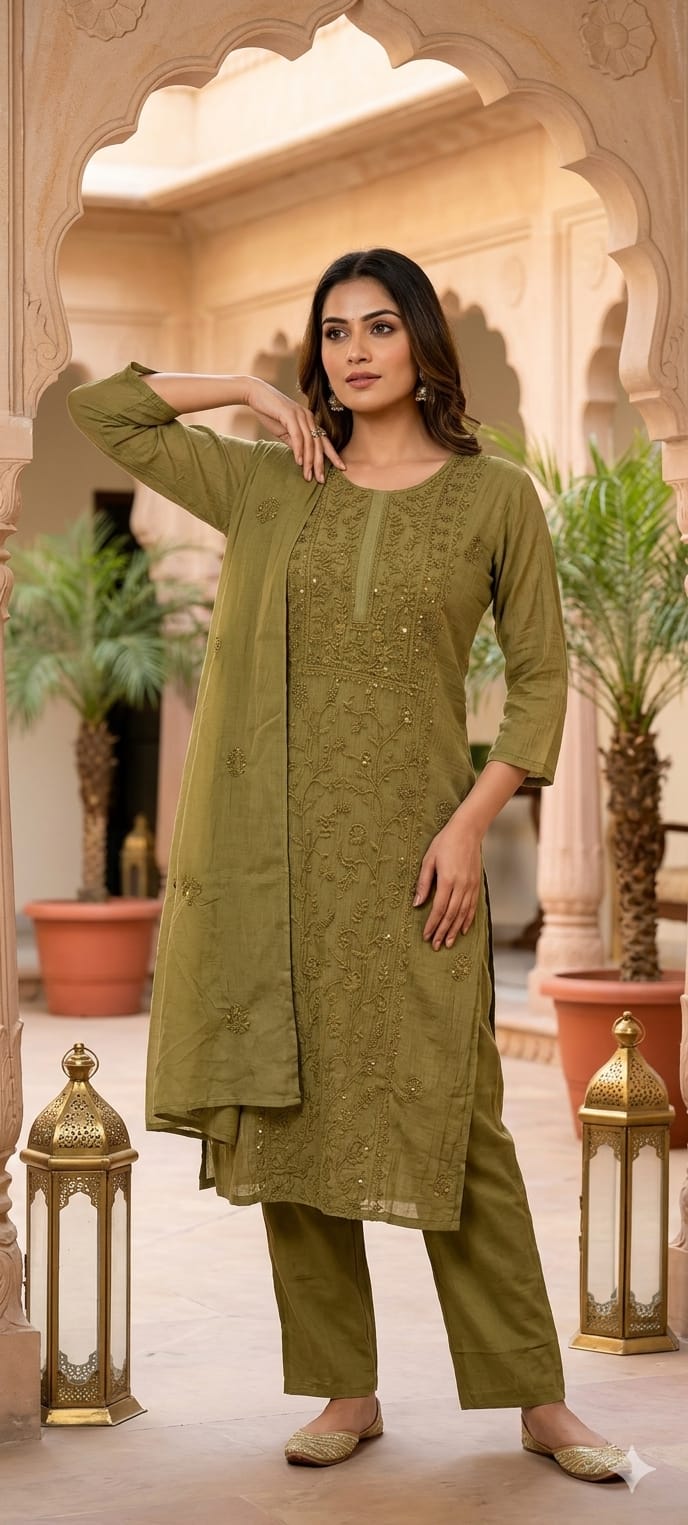 Premium Crush Mul Chanderi Fabric Straight Cut Full Suit Set with Intricate Self Thread Embroidery 14084 RB96