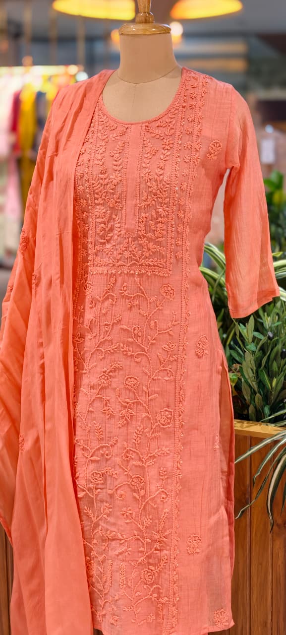 Premium Crush Mul Chanderi Fabric Straight Cut Full Suit Set with Intricate Self Thread Embroidery 14084 RB96