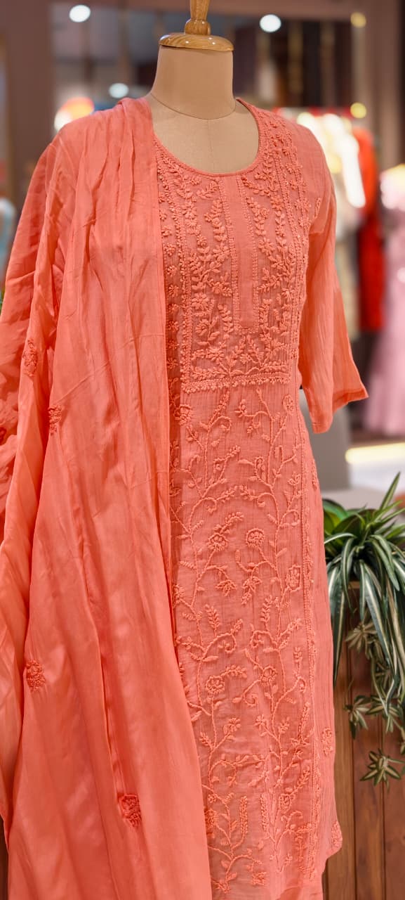 Premium Crush Mul Chanderi Fabric Straight Cut Full Suit Set with Intricate Self Thread Embroidery 14084 RB96