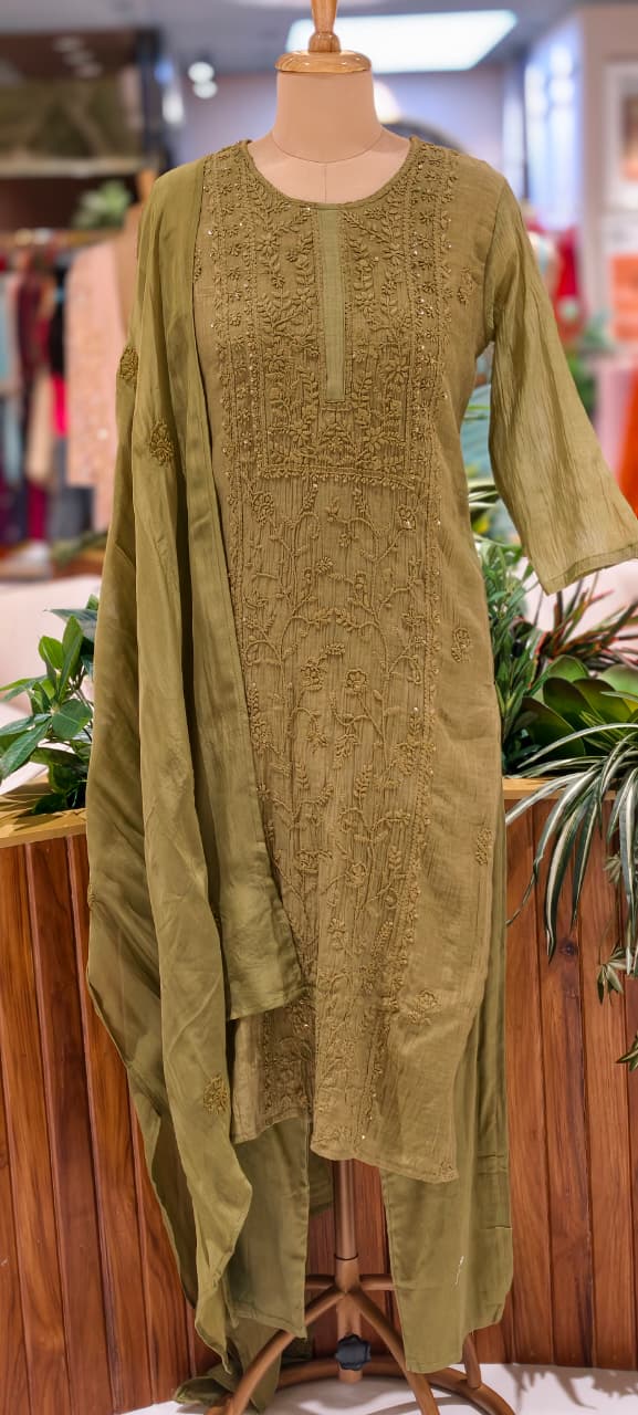 Premium Crush Mul Chanderi Fabric Straight Cut Full Suit Set with Intricate Self Thread Embroidery 14084 RB96