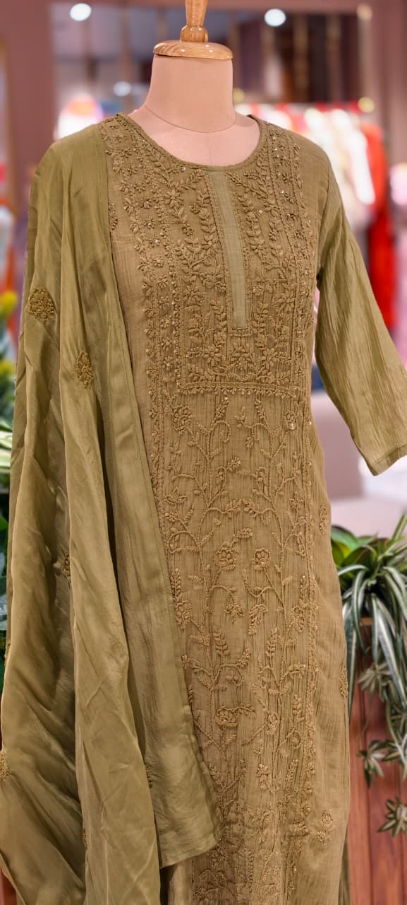 Premium Crush Mul Chanderi Fabric Straight Cut Full Suit Set with Intricate Self Thread Embroidery 14084 RB96