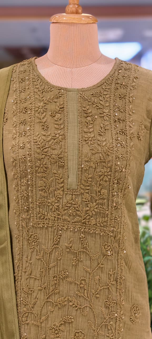 Premium Crush Mul Chanderi Fabric Straight Cut Full Suit Set with Intricate Self Thread Embroidery 14084 RB96