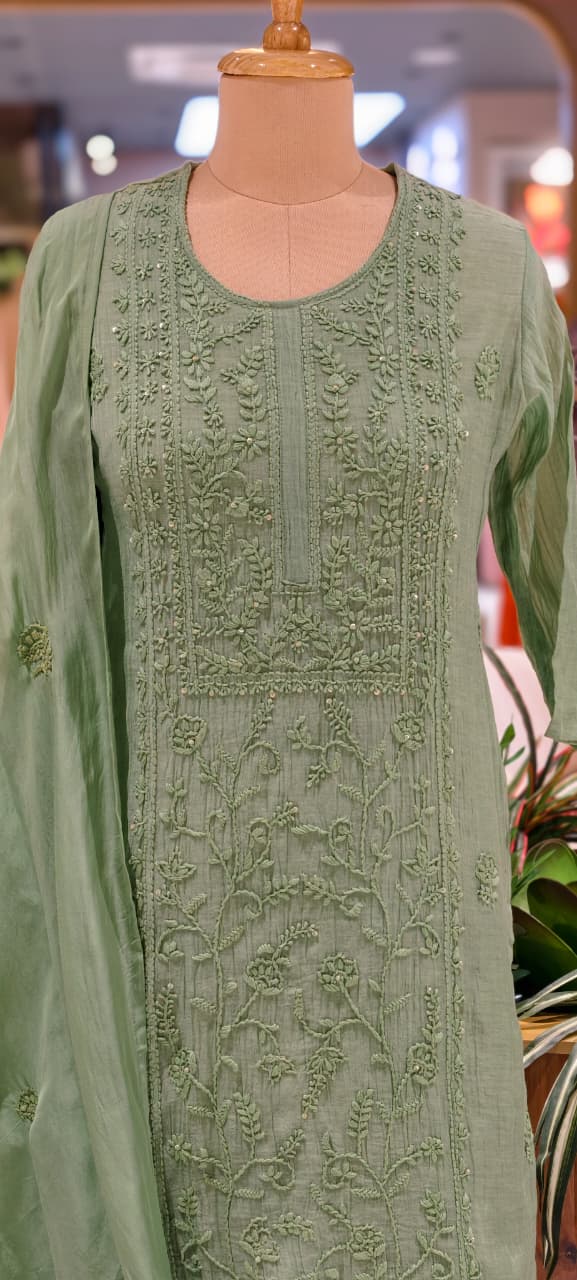 Premium Crush Mul Chanderi Fabric Straight Cut Full Suit Set with Intricate Self Thread Embroidery 14084 RB96