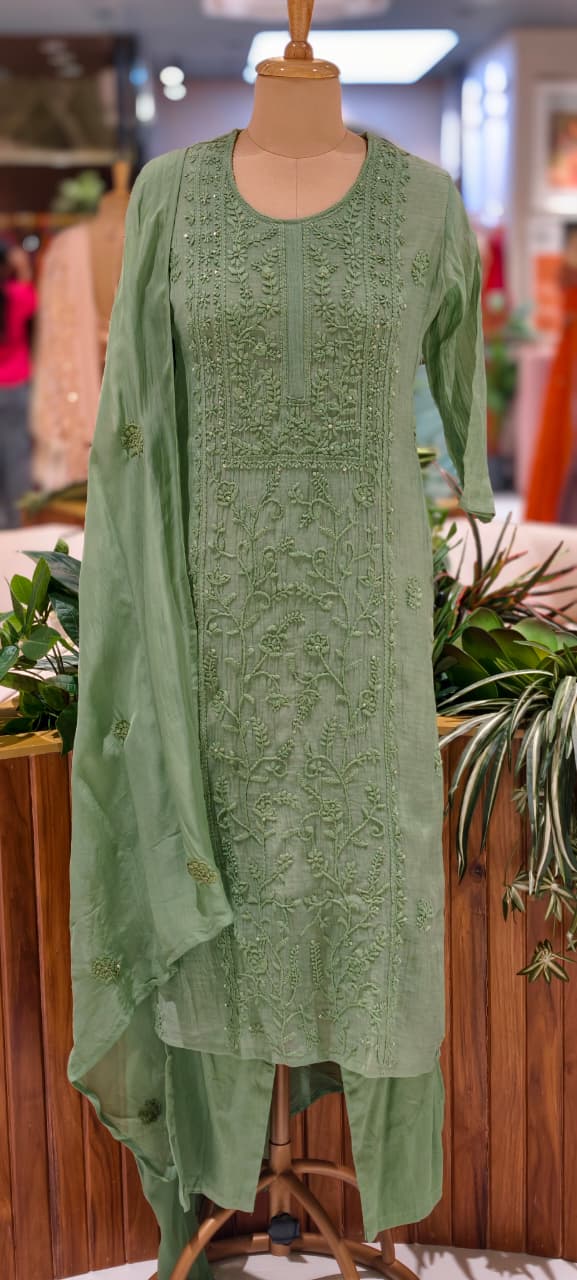 Premium Crush Mul Chanderi Fabric Straight Cut Full Suit Set with Intricate Self Thread Embroidery 14084 RB96